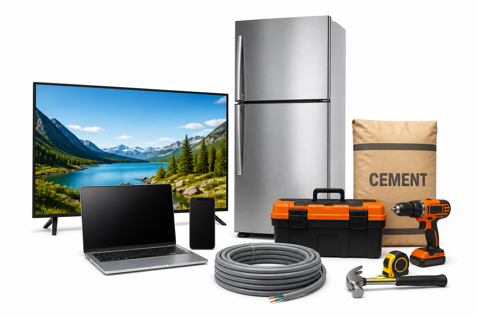 Television, refrigerator, laptop, cement and tools available from Magdokye Enterprise